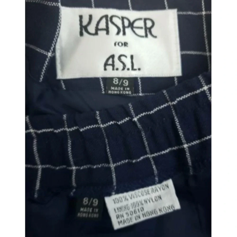 Kasper ASL Women wear Skirt Suit Blue Windowpane Lined Shoulder‎ -Padded 8/9 S54